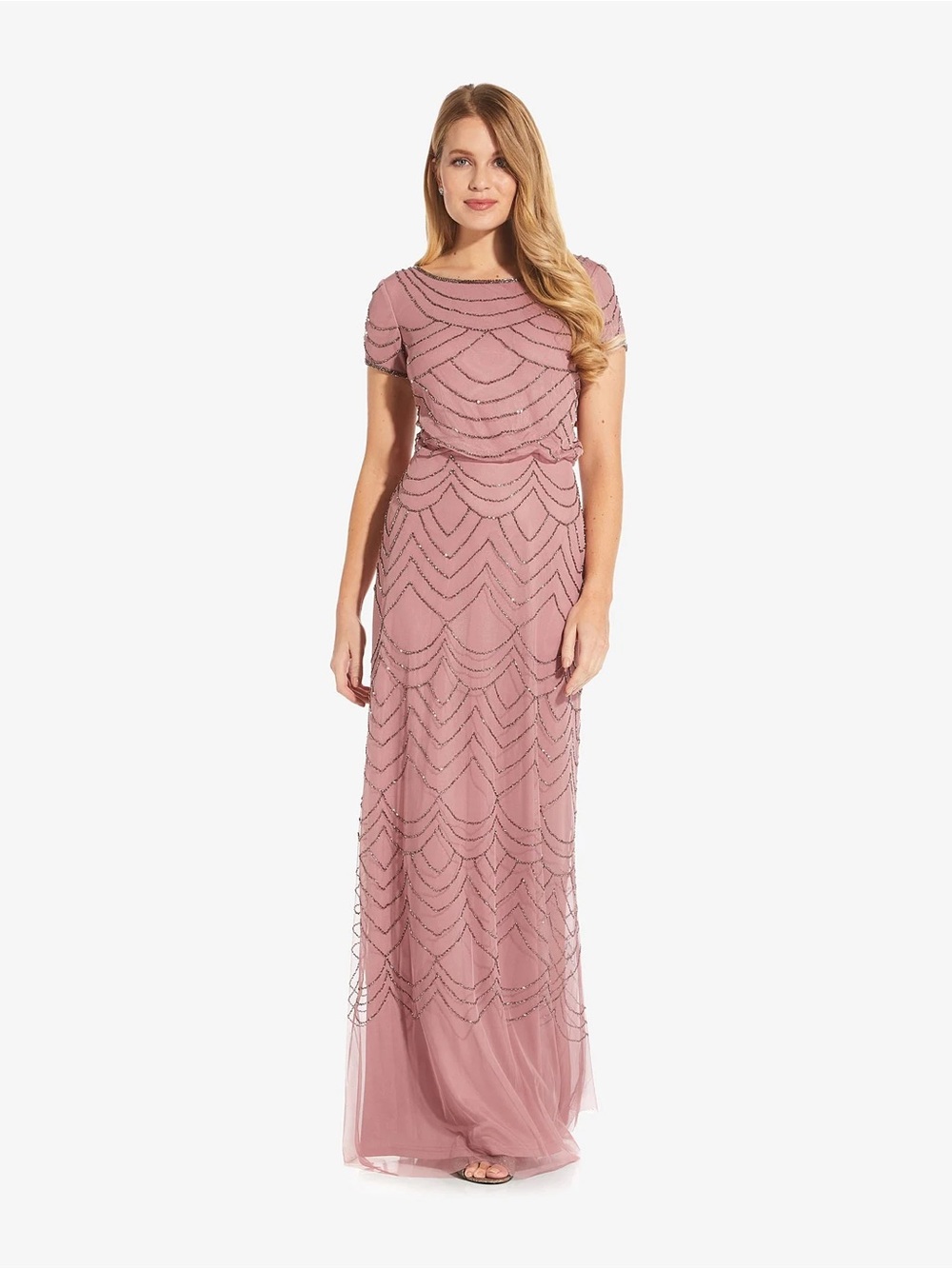 Adrianna Papell Size 2 Pink Beaded Art Deco Blouson Formal Gown Dress GALA MOB